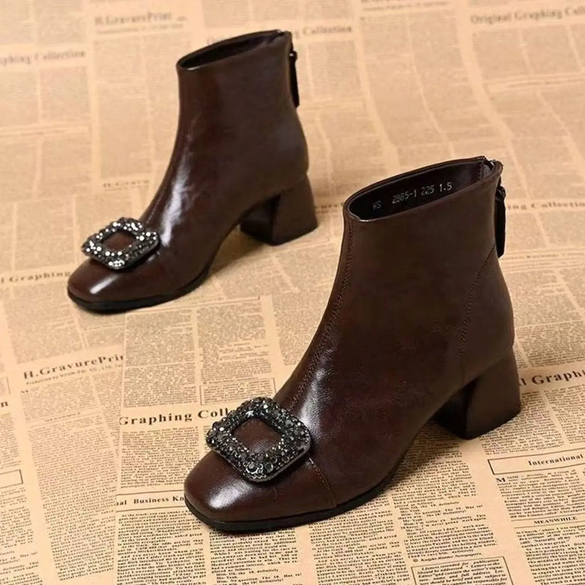 Botines Mujer Punta Cuadrada Tacón Ancho Hebilla