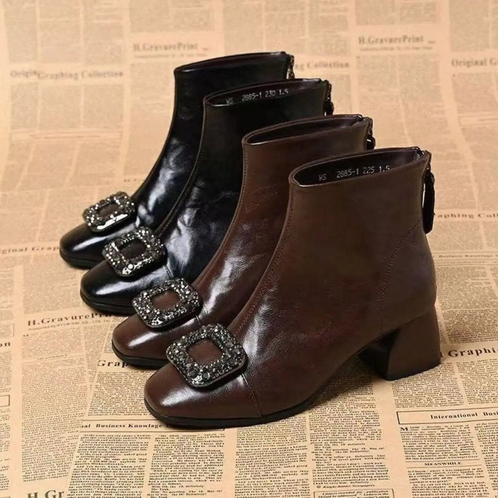 Botines Mujer Punta Cuadrada Tacón Ancho Hebilla