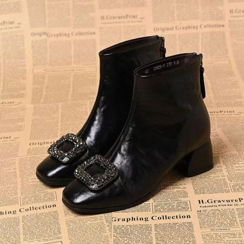 Botines Mujer Punta Cuadrada Tacón Ancho Hebilla