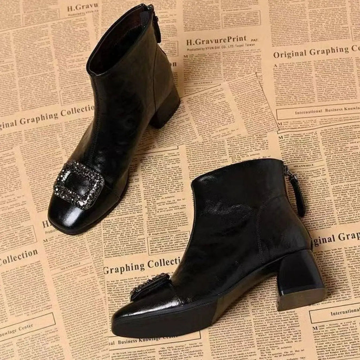 Botines Mujer Punta Cuadrada Tacón Ancho Hebilla