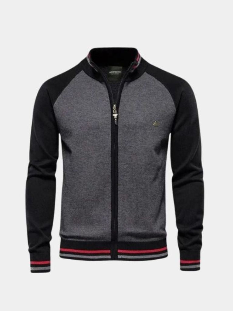 Suéter Cardigan de Cuello Alto con Bloques de Color y Cremallera - Cross & Crown