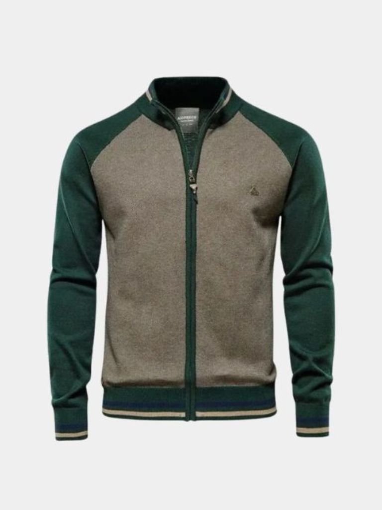 Suéter Cardigan de Cuello Alto con Bloques de Color y Cremallera - Cross & Crown